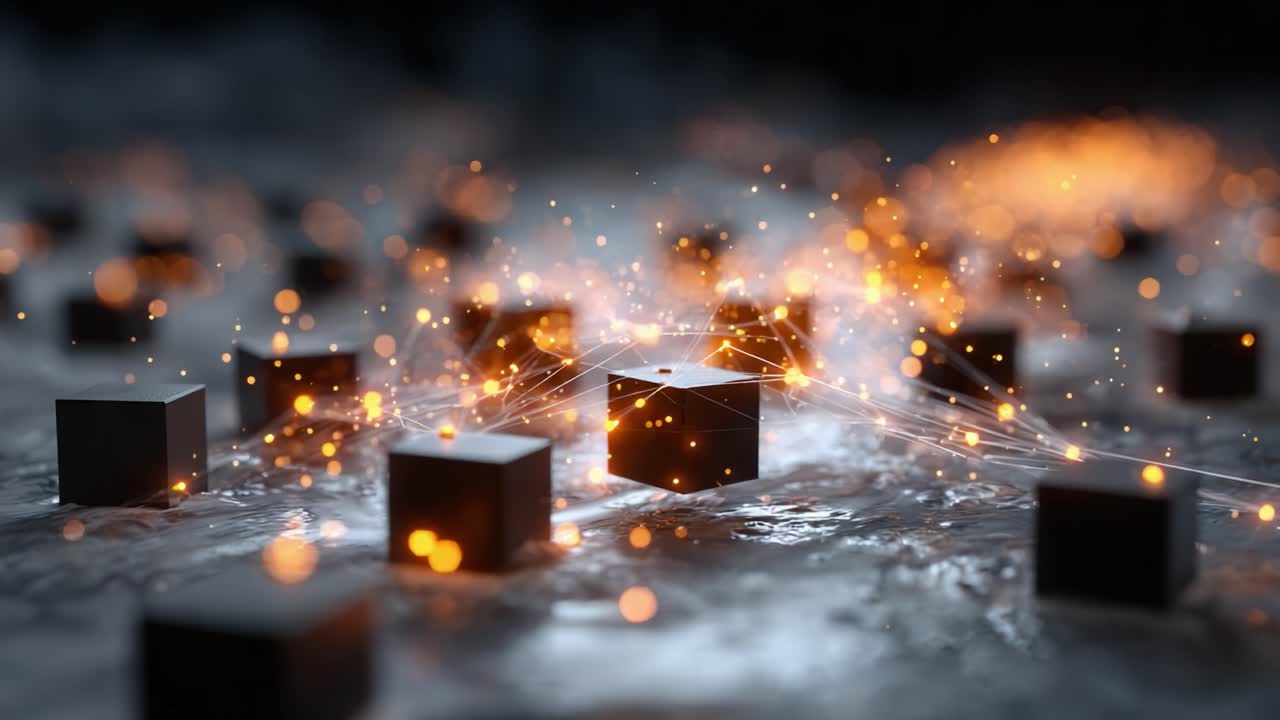 A Captivating Exploration of Dynamic Interactions Among Glowing Cubes in a Digital Space, Highlighting the Intricate Connectivity and Vibrant Energy of the Scene