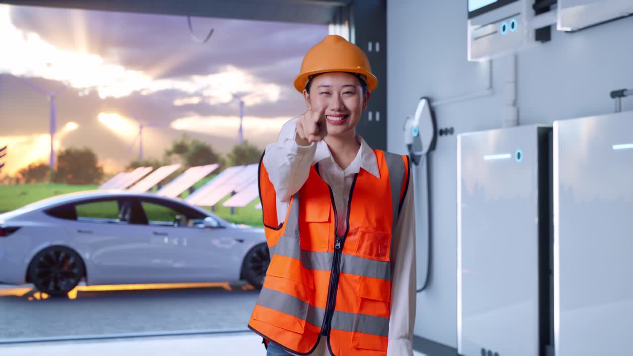 Asian Female Engineer With Safety Helmet Smiling And Touching Her Chest Then Pointing At You With Home Energy Storage System In a Modern Garage
