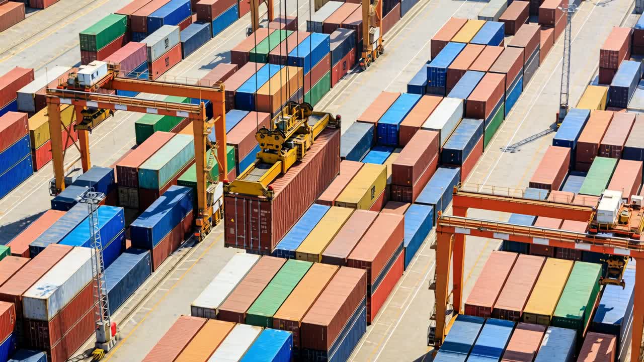 Spreader strammer låsene og starter portalkranen, der løfter brun container over pladsen til læsning.