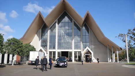 shot of religious chapel or funeral home for funeral service