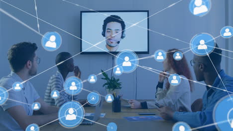 In office, business team participating in video conference with animation on screen