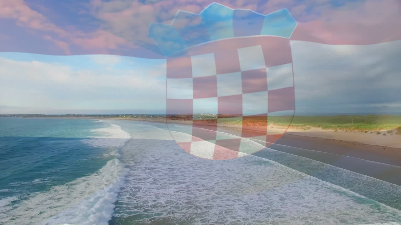 크로아티아의  ⁇ 발이 바다 풍경 위에서 날아다니는 애니메이션