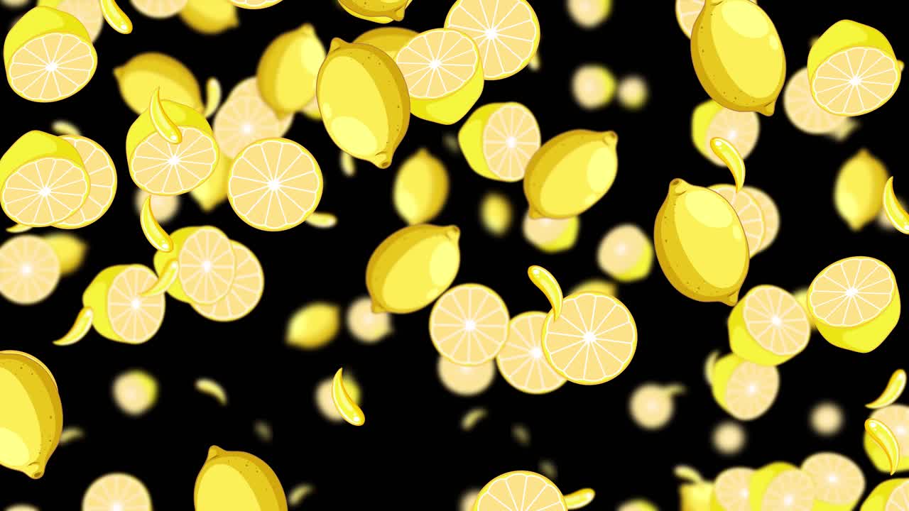 레몬과 슬라이스가 어두운 배경에 폭포로 떨어집니다.