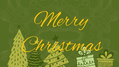 animation of merry christmas text with trees and gift boxes over abstract pattern