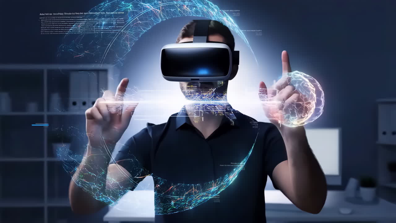 Person wearing a VR headset interacting with virtual holographic elements