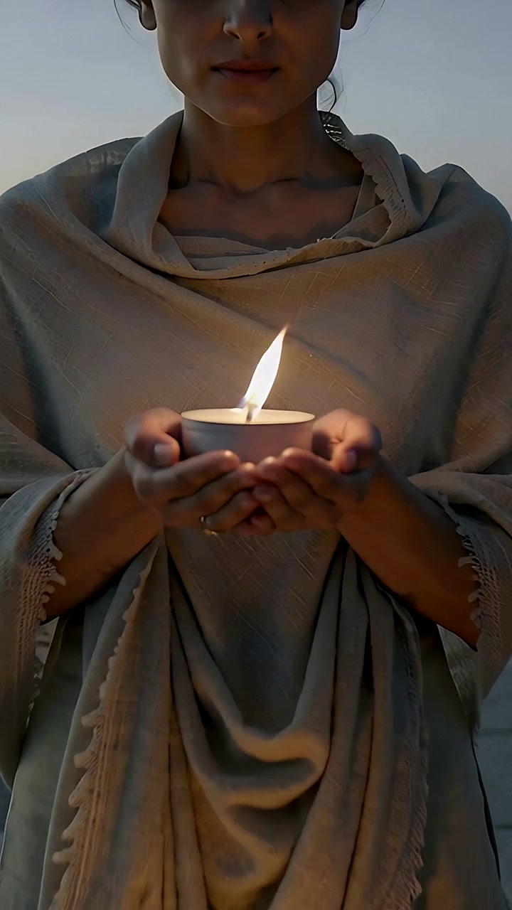Vertical video: Raising bowl after tealight burning, woman steadying flame on roof, shawl, prayer