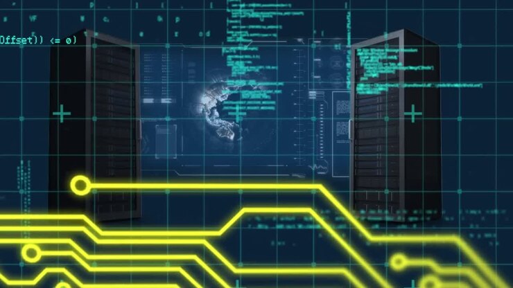 Animation of data processing and servers over blue background