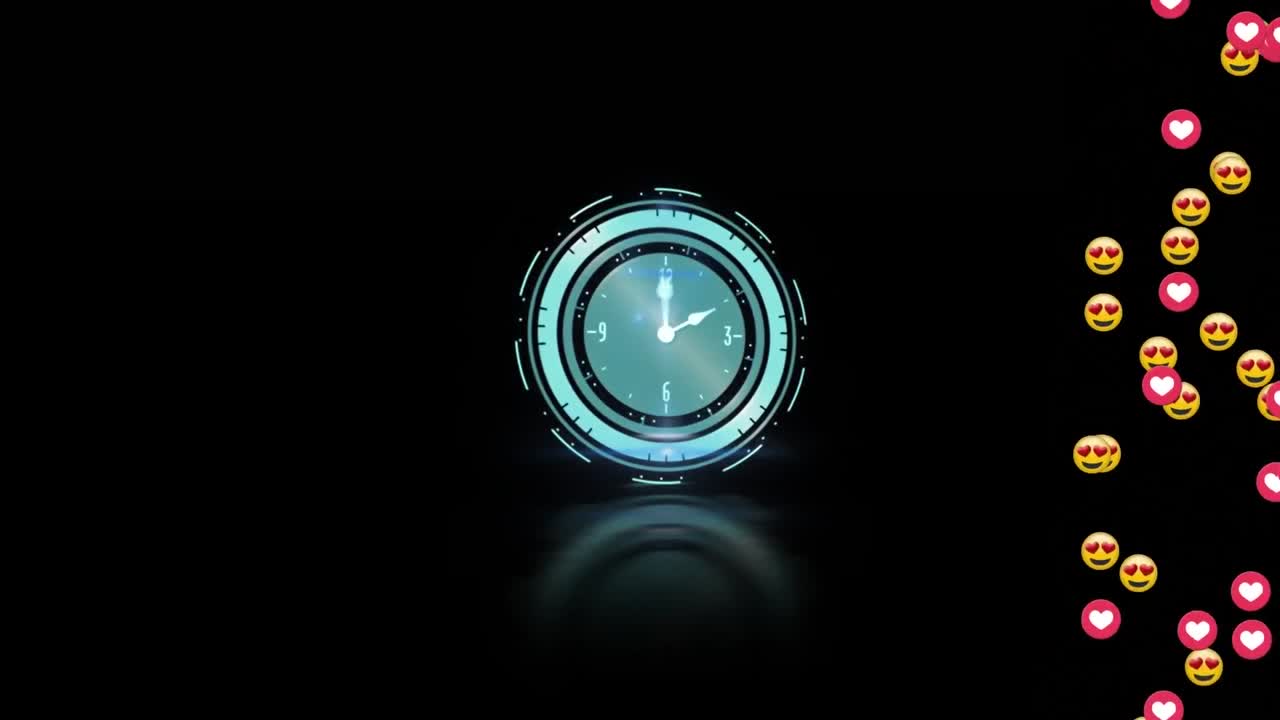 Digital animation of multiple emojis falling over neon ticking clock on black background