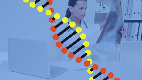 Animation-Eines-DNA-Strangs-über-Einem-Diagramm-Mit-Pfeil-Und-Violetten-Linien