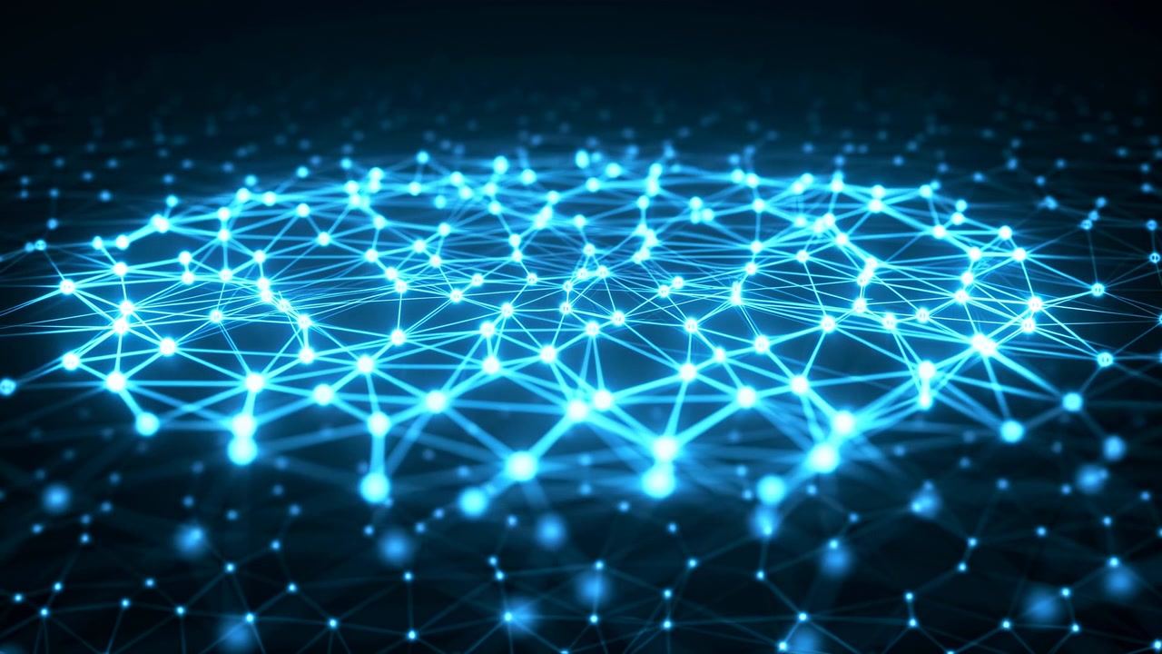 Illuminated blue network with central activation across interconnected nodes and glowing filaments, viewed from low angle over dark surface with radiant depth and futuristic contrast
