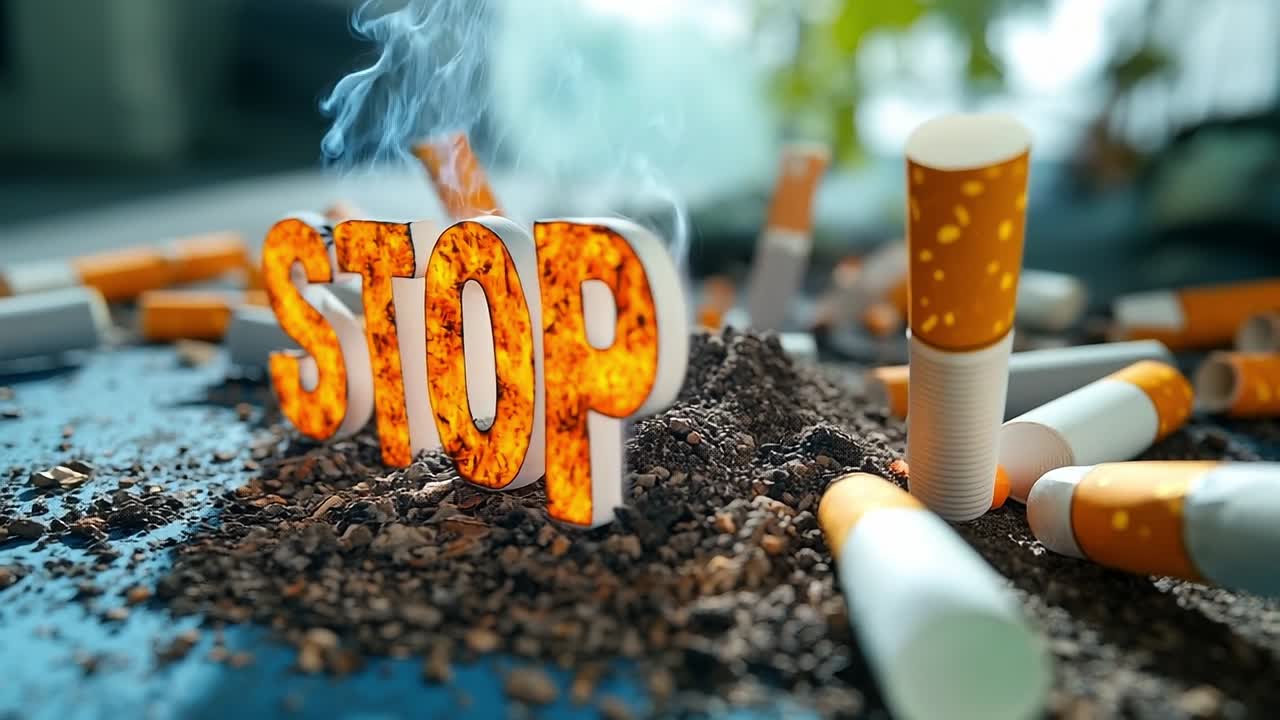 Quit smoking for better health!. A bold stop sign amid discarded cigarette butts highlights a clear message for smoking cessation.