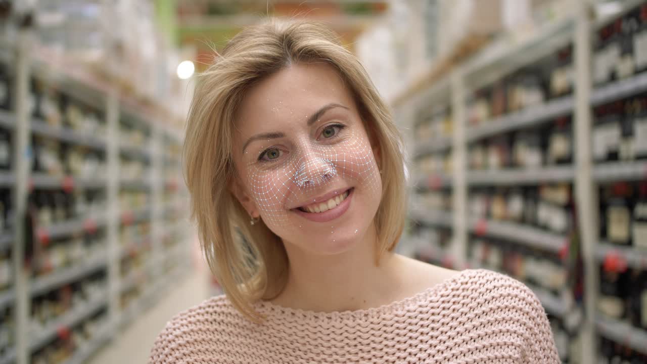 tecnología moderna que utiliza reconocimiento facial biometría personas. identificación facial de persona. joven mujer hermosa mirando a la cámara y retrato de detección de alta tecnología. identificación de protección de seguridad cibernética escaneada de primer plano 4k