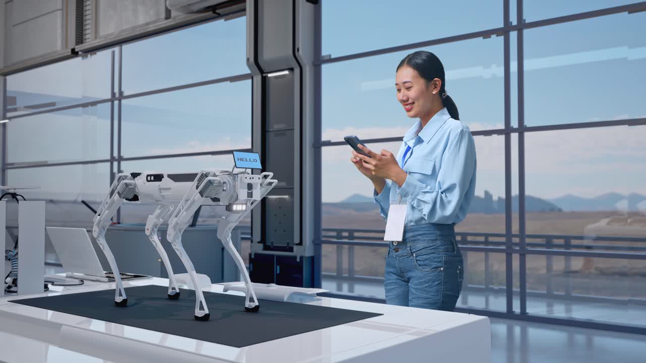 mujer interactuando con un perro robótico en una oficina futurista