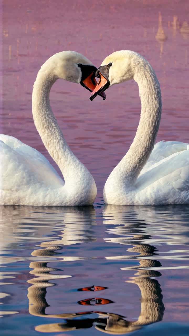 Two swans form a heart shape with their necks on a serene lake