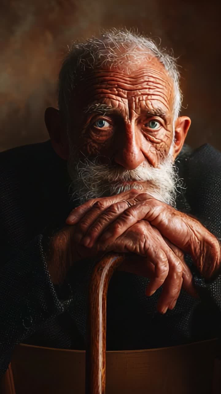 A Thoughtful Elderly Man with Striking Blue Eyes and Impressive Beard, Reflecting Life's Journey While Resting His Hands on a Wooden Chair