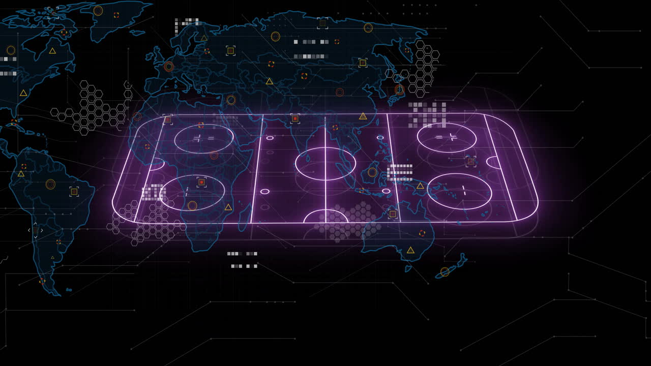 Animasjon av digital hockeybane over et verdenskart med datapunkter som kobles sammen