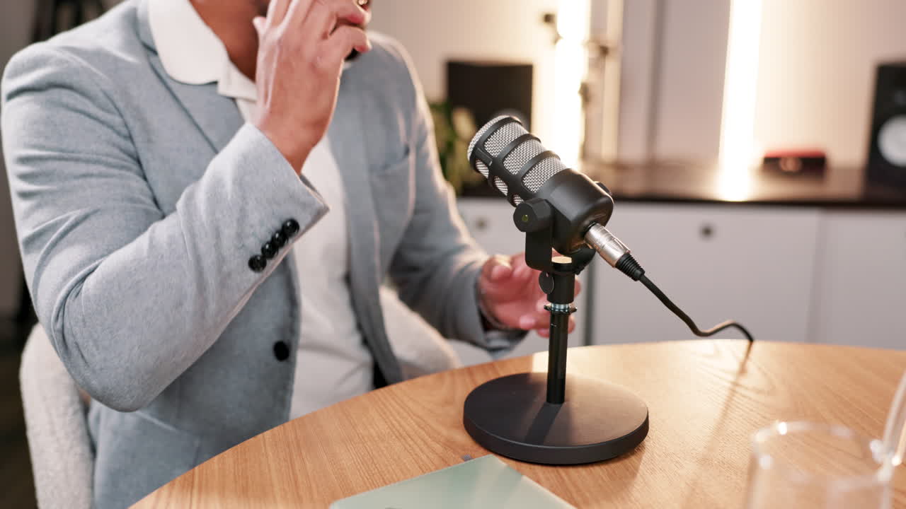 Entrevista de podcast com microfone e alto-falante