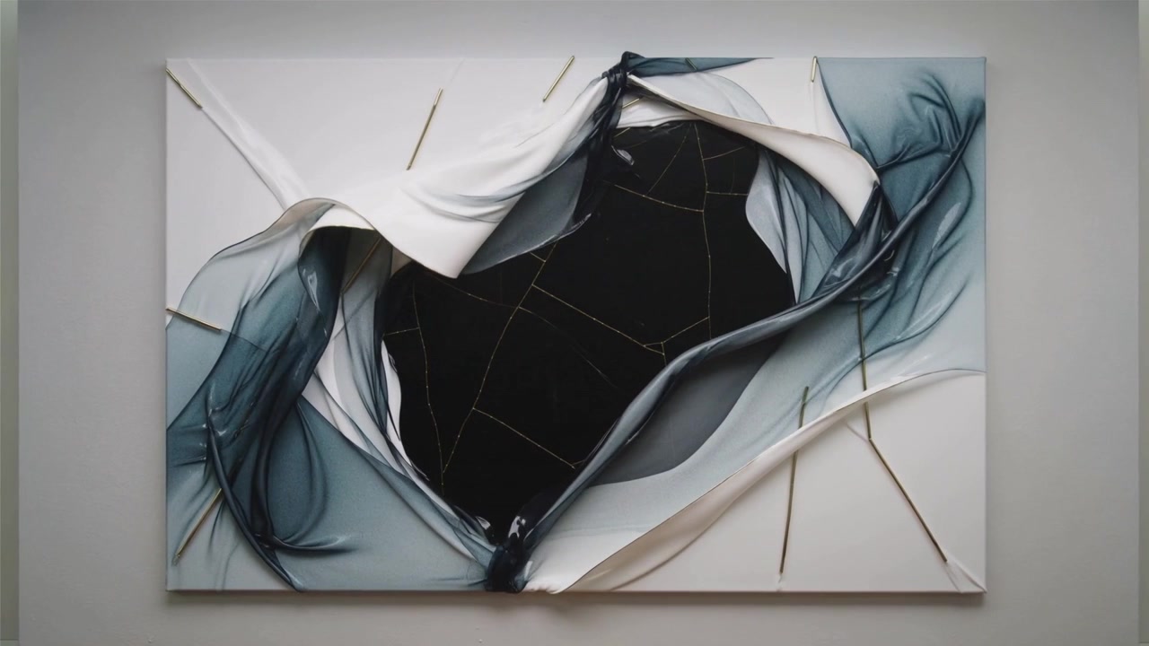 Revealing large rectangular canvas shifting across five frames on gray wall, exposing void, rods