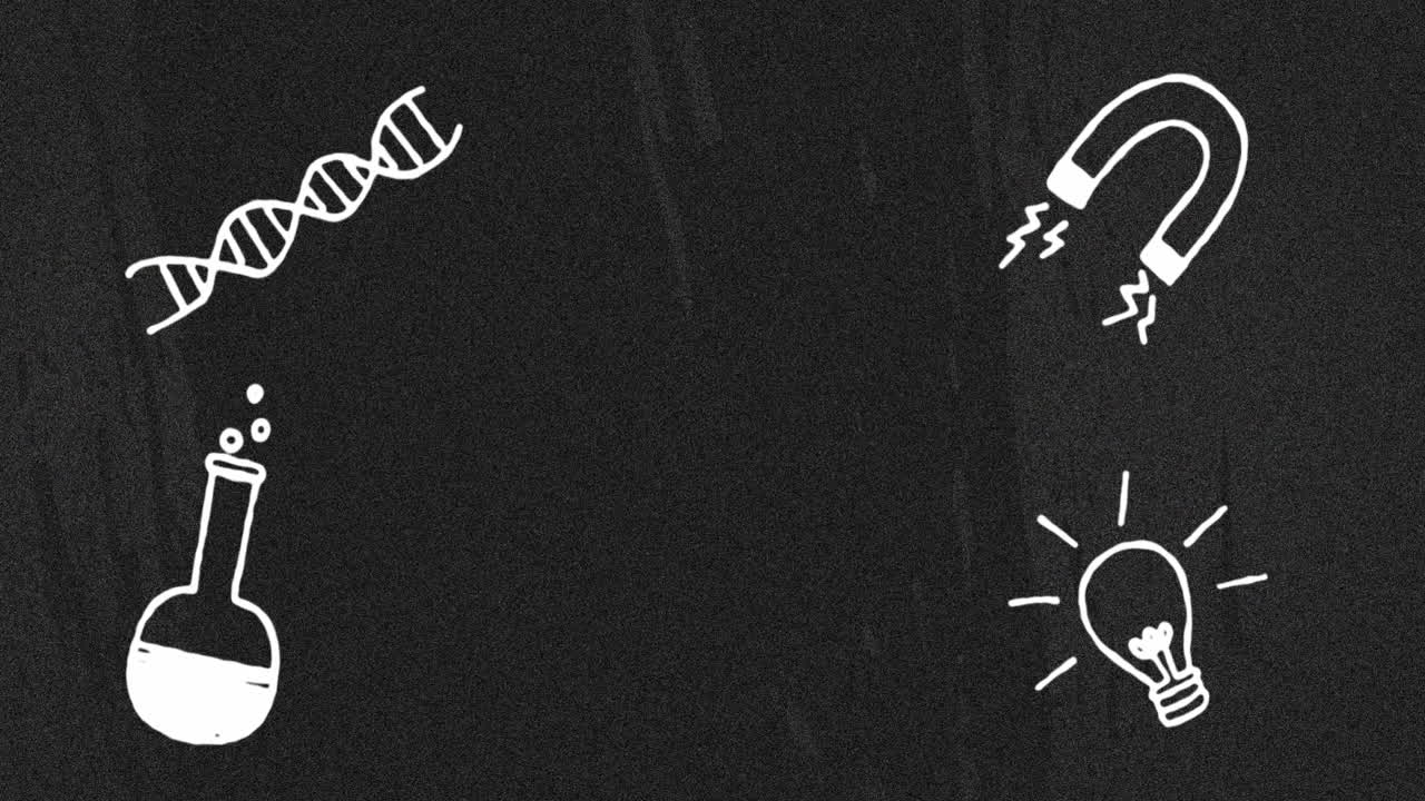 블랙보드 위에 dna 나선, 자석, 액체로 가득 찬 컵과 전구의 그림의 애니메이션