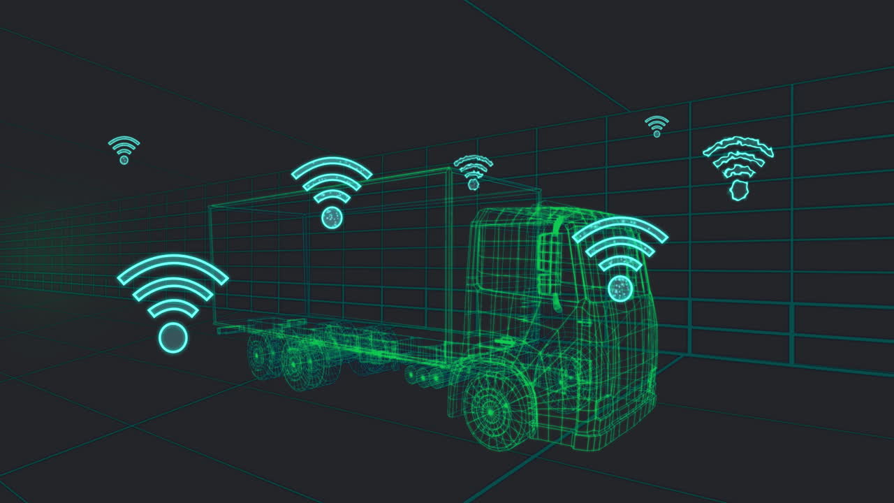 Animazione di molteplici icone Wi-Fi sopra un modello 3D di furgone che si muove in un motivo continuo all'interno di un tunnel