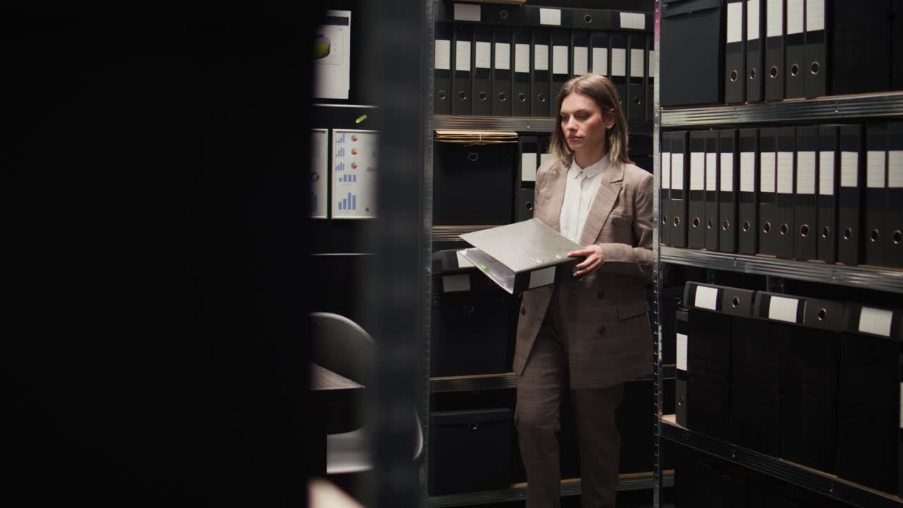 Businesswoman working in office with documents and laptop