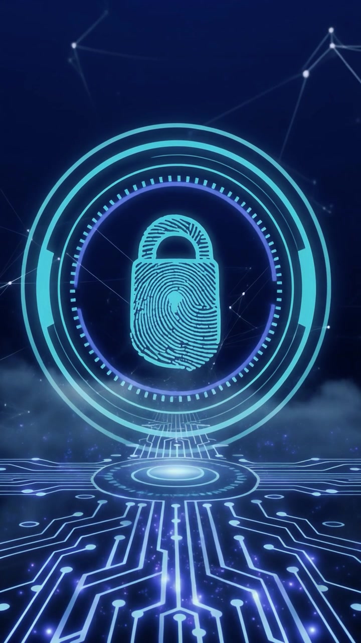 Digital Security Concept with Glowing Fingerprint Padlock Icon