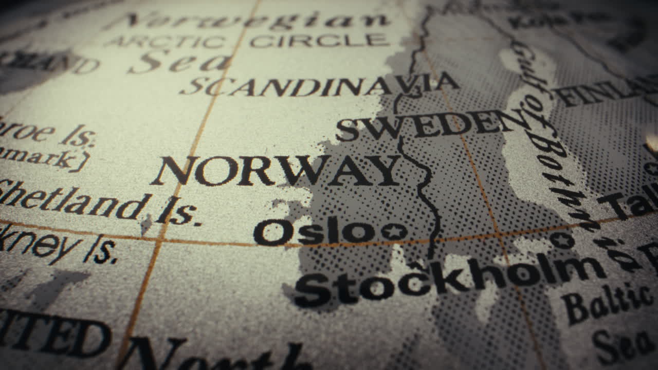 Close-up of a world globe focusing on Norway and Sweden
