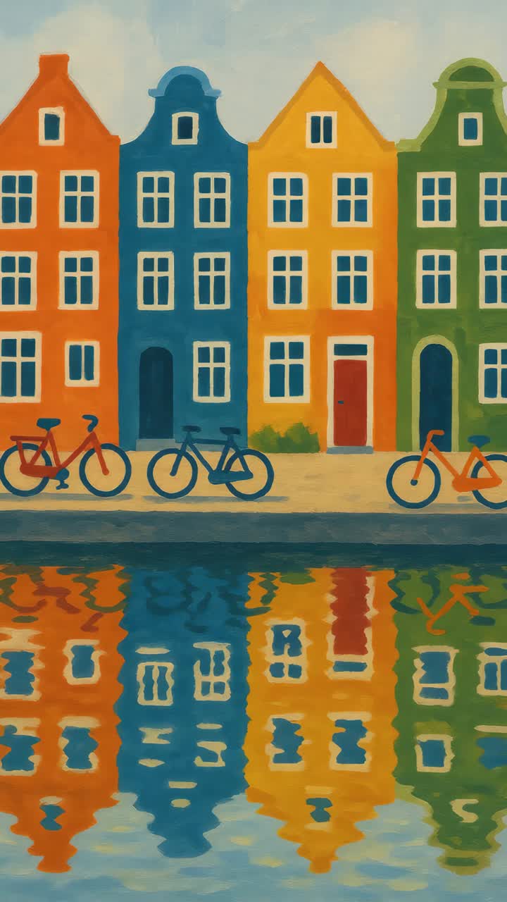 Casas geminadas coloridas e bicicletas refletidas na água, capturadas de um ângulo baixo