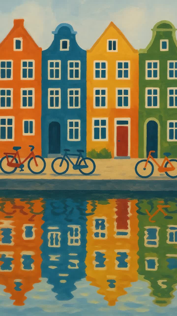 Casas geminadas coloridas e bicicletas refletidas na água, capturadas de um ângulo baixo
