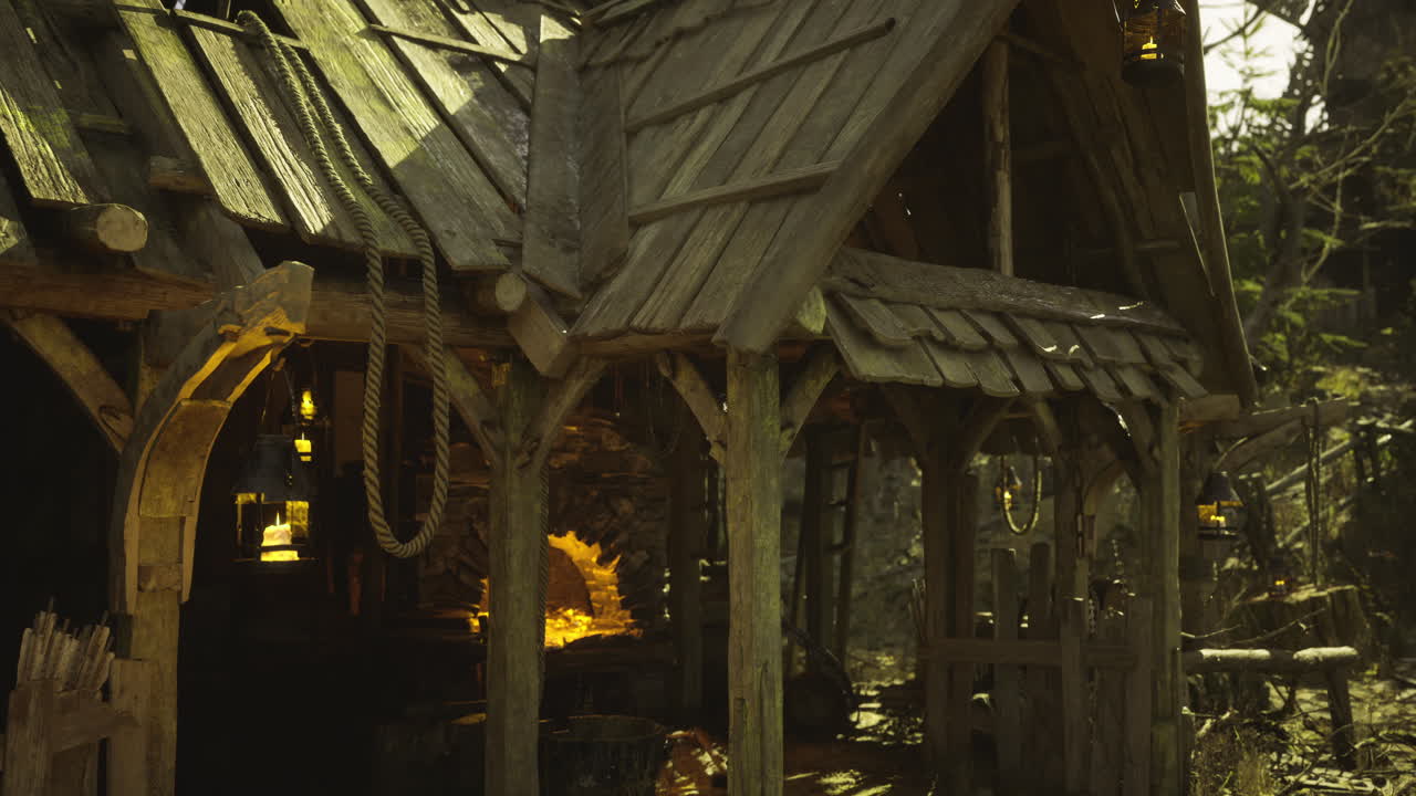 Rustic blacksmith shop surrounded by forest during golden hour