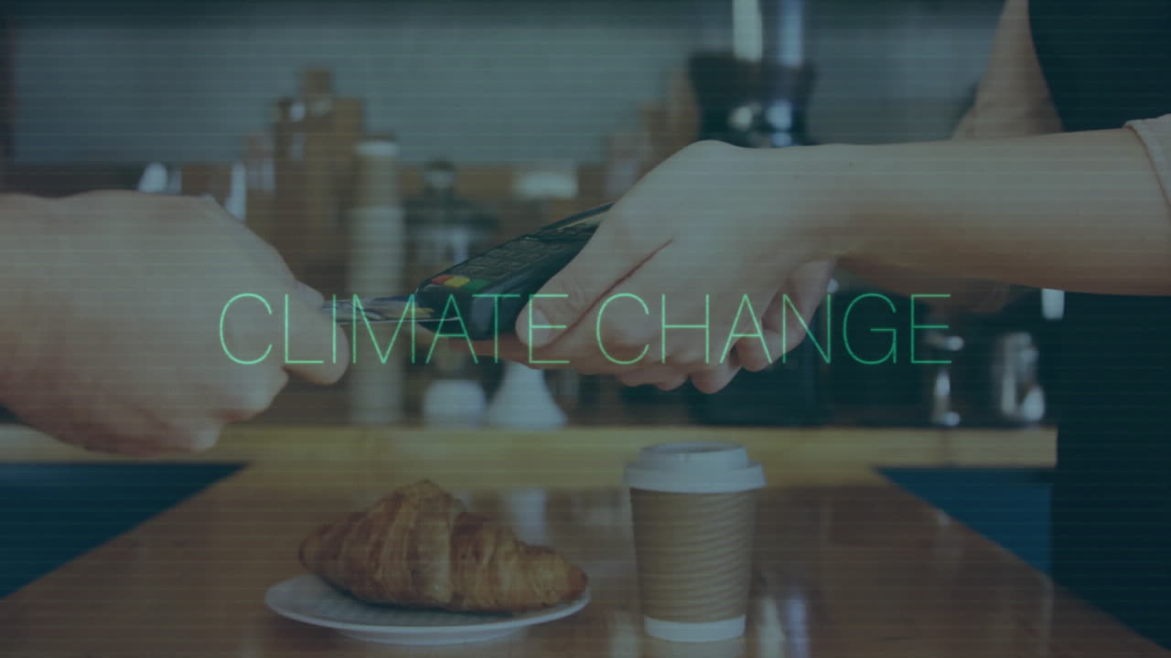 Exchanging credit card over coffee and croissant, reading Climate Change animation