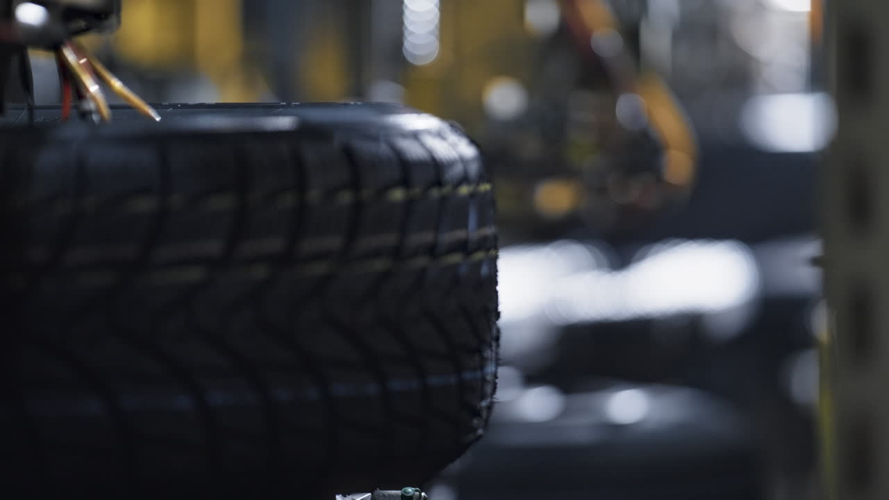 línea de transporte de estampado de neumáticos que mueve un nuevo producto de caucho en una fábrica tecnológica