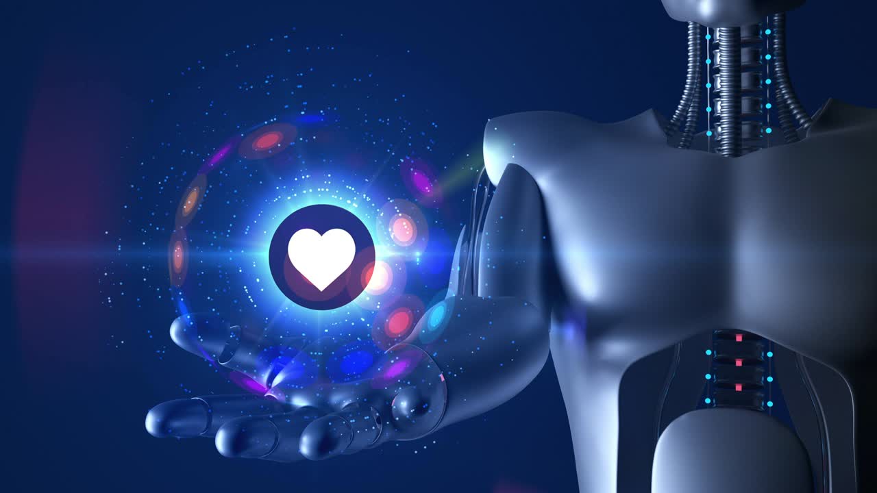 robot umanoide futuristico che tiene in mano il simbolo del cuore 3d