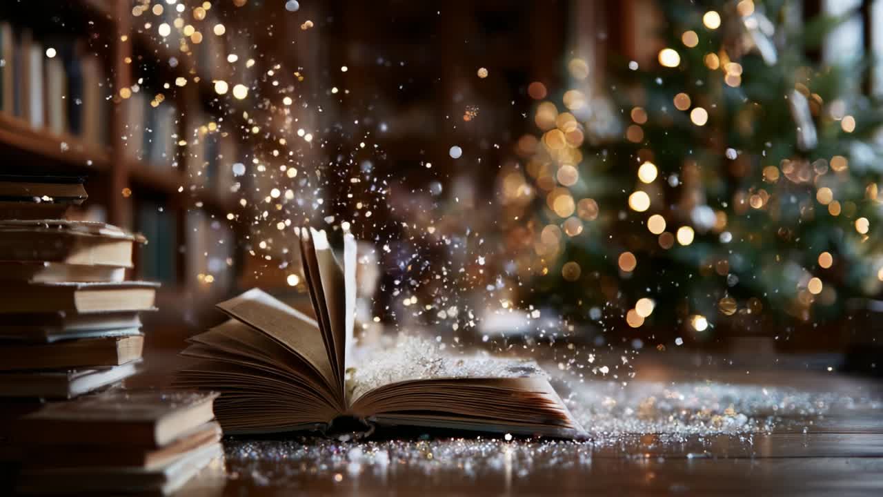 A Cozy Christmas Scene Featuring an Open Book Surrounded by Snowflakes and Sparkling Lights in a Warm Library Atmosphere Capturing the Essence of Holiday Cheer and Imagination