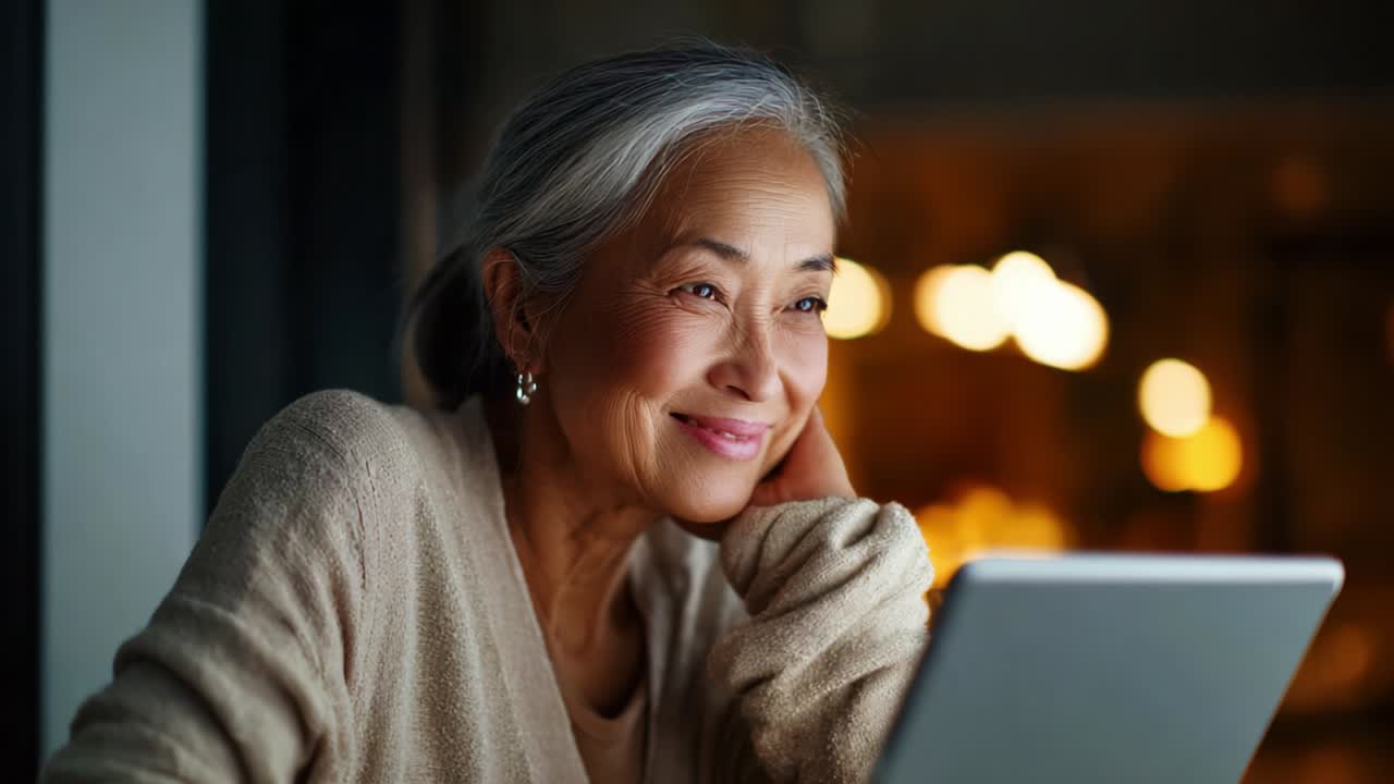 An elderly woman experiences joy and contentment while exploring the digital world on her tablet during an evening filled with warm, ambient lighting and a sense of tranquility and connection