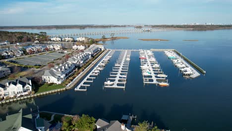 half-empty-marina-autumn-on-glassy-bay-drone-shot-Ocean-Pines-Maryland-across-from-Ocean-City