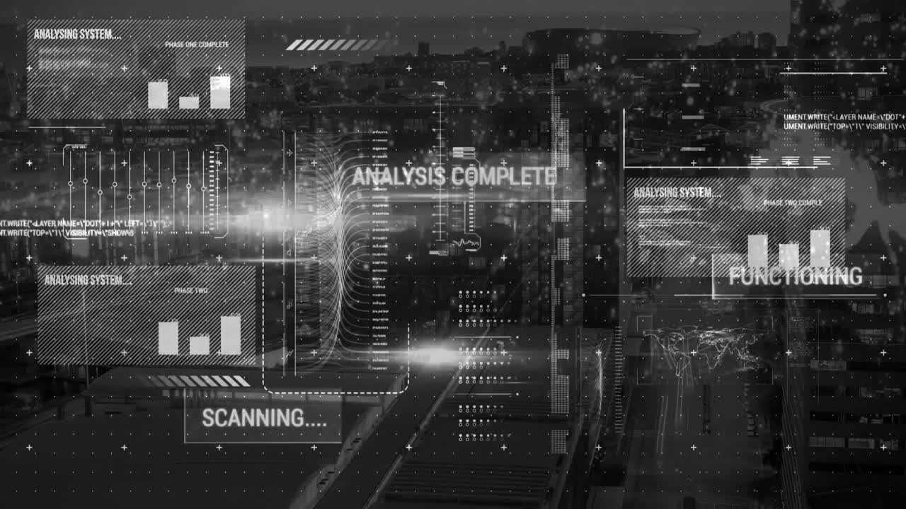 Animation of graphs, computer language and multiple texts over cityscape in background