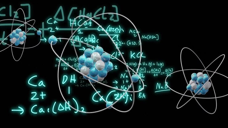 Animation of atom model spinning and data processing on black background