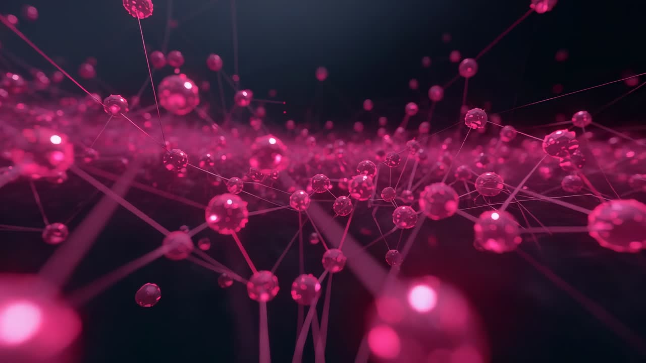 Gliding camera dollying through dark void, revealing pink nodes and struts, showing network form