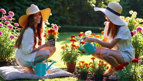 two women gardening and planting flowers in a sunny garden