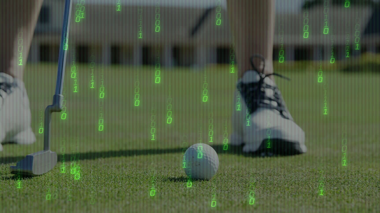 Female golfer standing on putting green, showcasing sports tech overlay on golf ball and putter