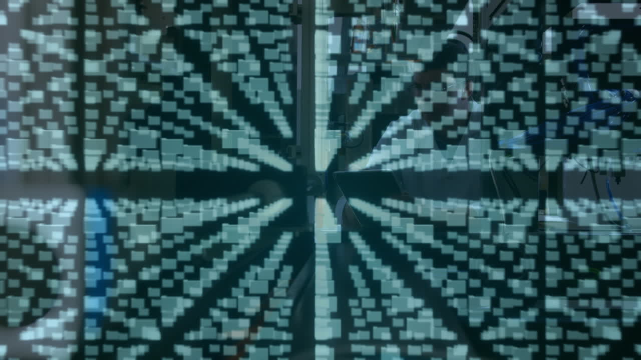 Animation of digital files and padlock over sicentist using tablet