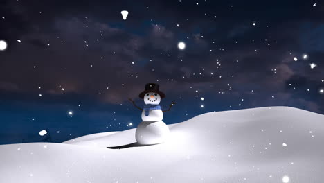 animation of snow falling over snowman in winter scenery