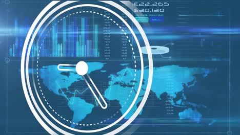 animation of clock over diverse data with world map on digital screen