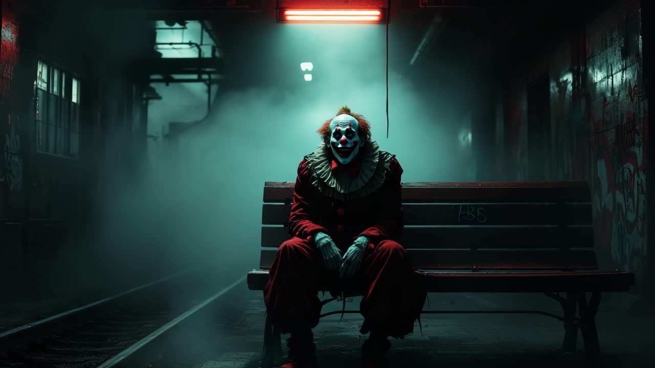 Clown sitting on a bench in a dimly lit, foggy environment with eerie atmosphere and neon light