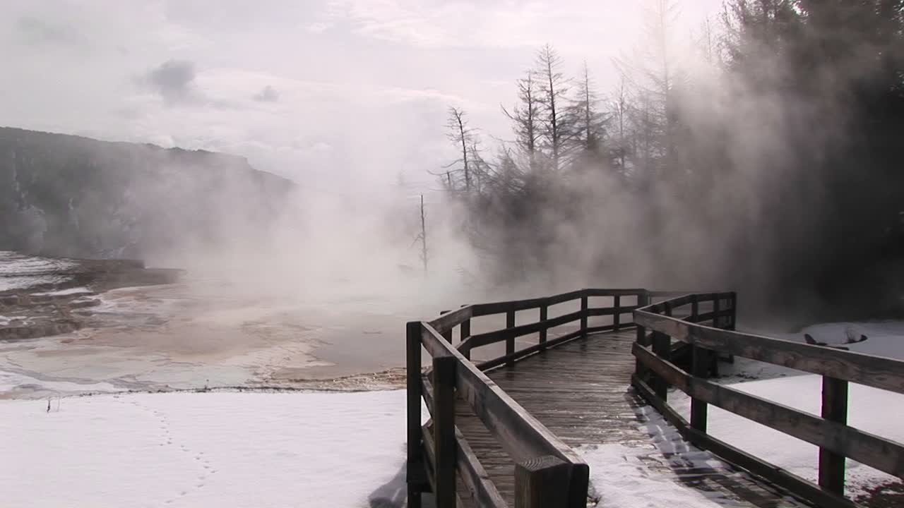 옐로스톤 국립공원 와이오밍에 있는 열 풀에서 나오는 증기의 중간 샷