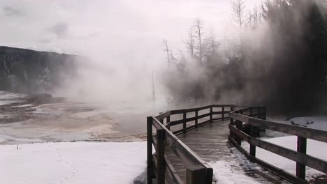 mediumshot of steam rising from a thermal pool at yellowstone national park wyoming