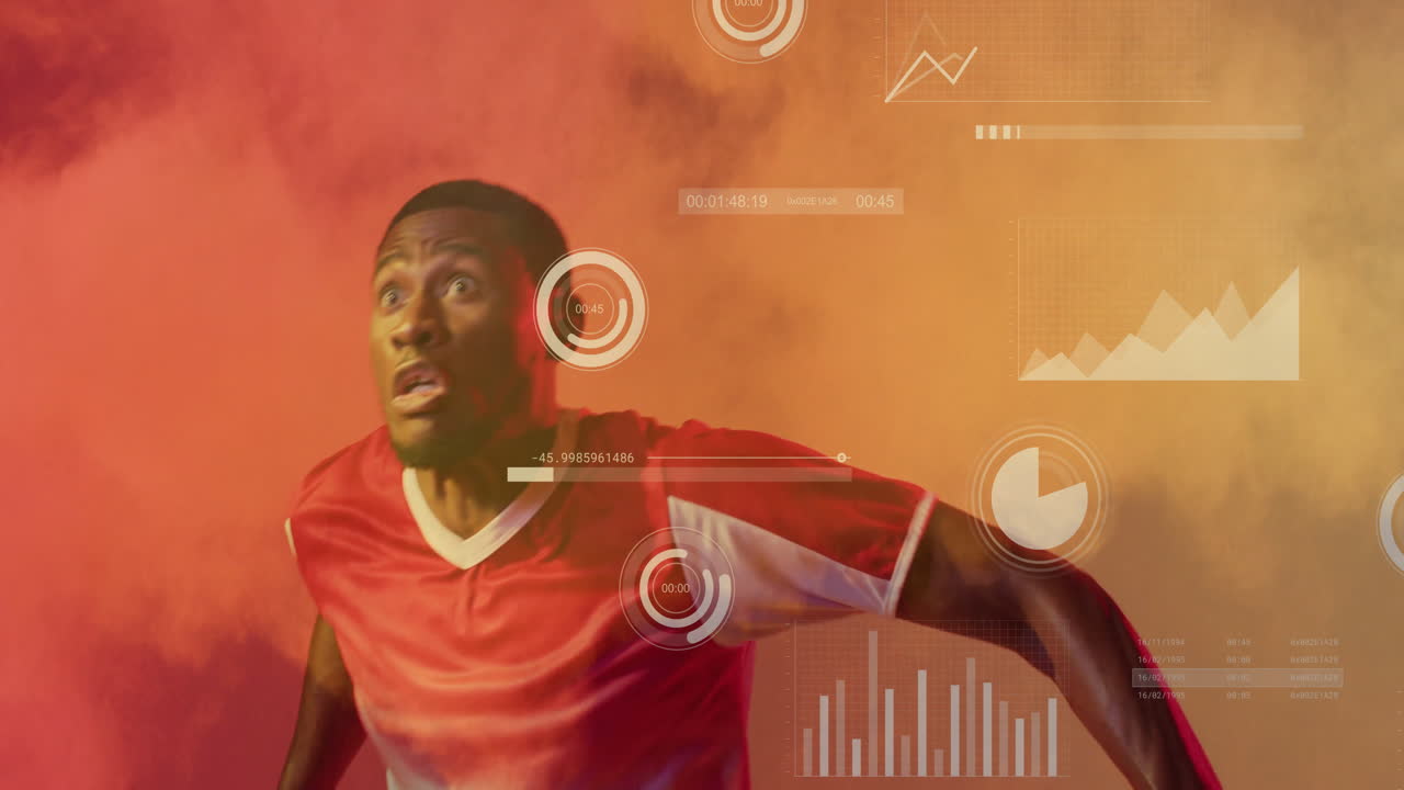 Atleta in corsa con animazione e grafici di dati su uno sfondo di fumo arancione.