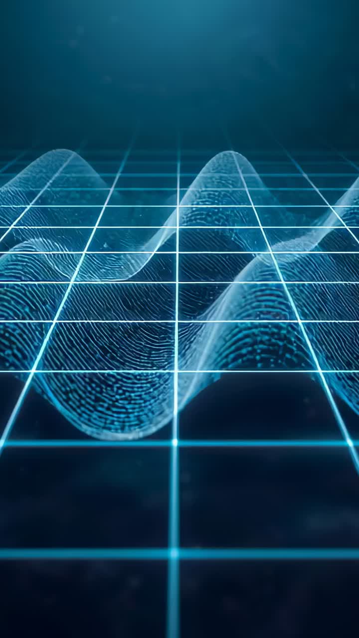 Vertical video: Approaching camera showing luminous mesh oscillating along cyan grid plane, pulsing