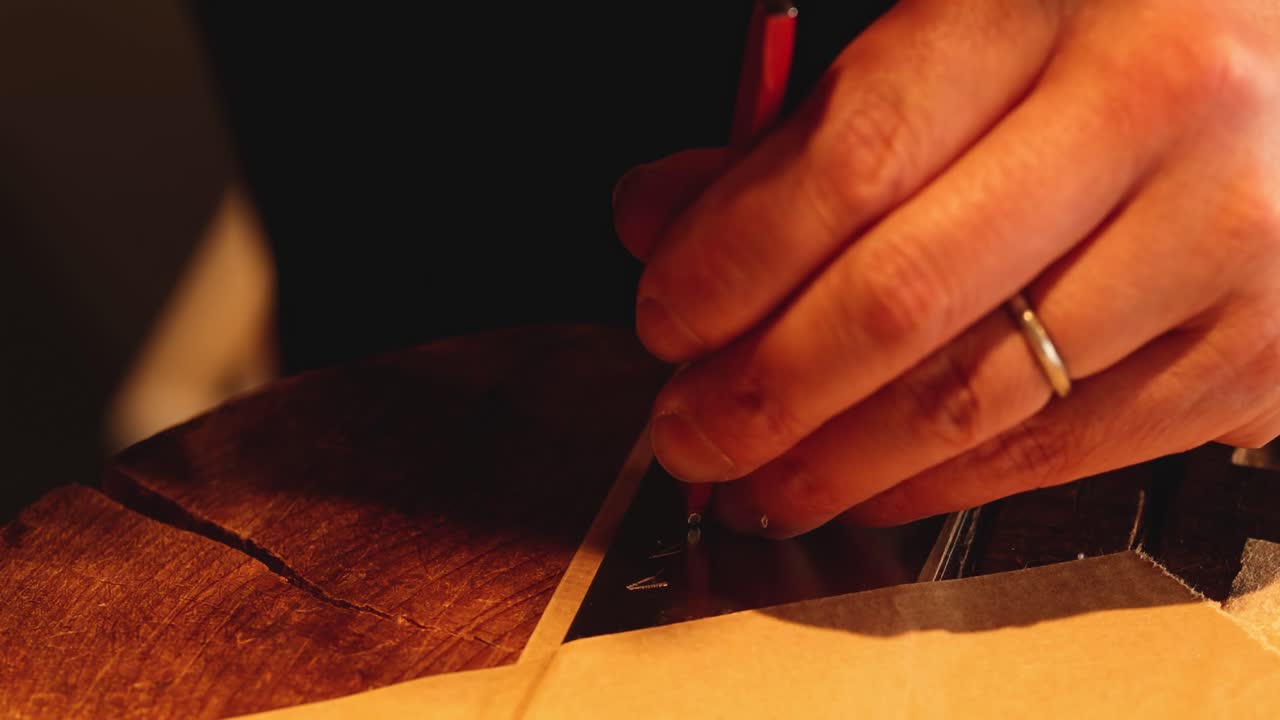 Close-up of hands using a red pencil to trace lines on paper over a wooden surface.